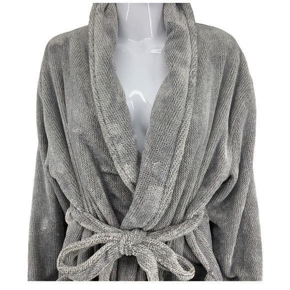 Pajamamania Sz XL Gray Fluffy Kimono Style Robe Bathrobe Belted Pockets - Picture 3 of 7